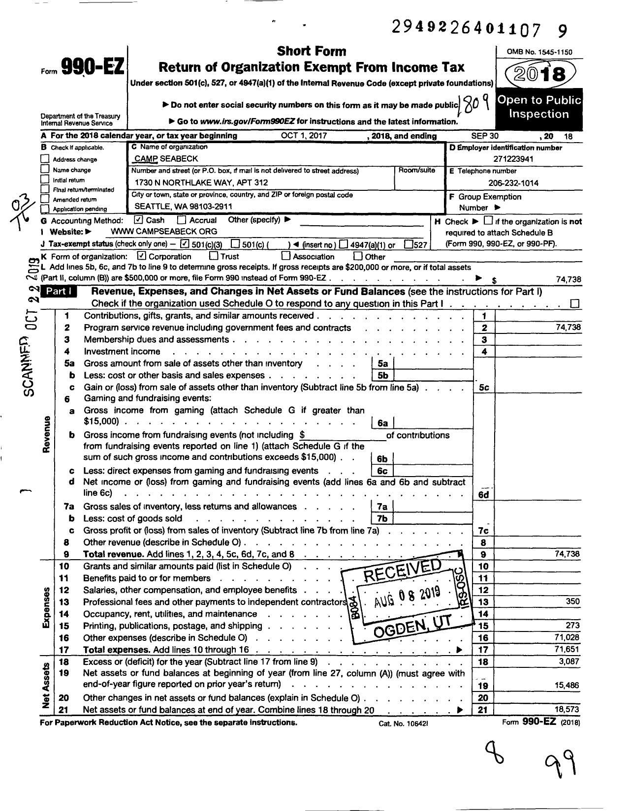 Image of first page of 2017 Form 990EZ for Camp Seabeck