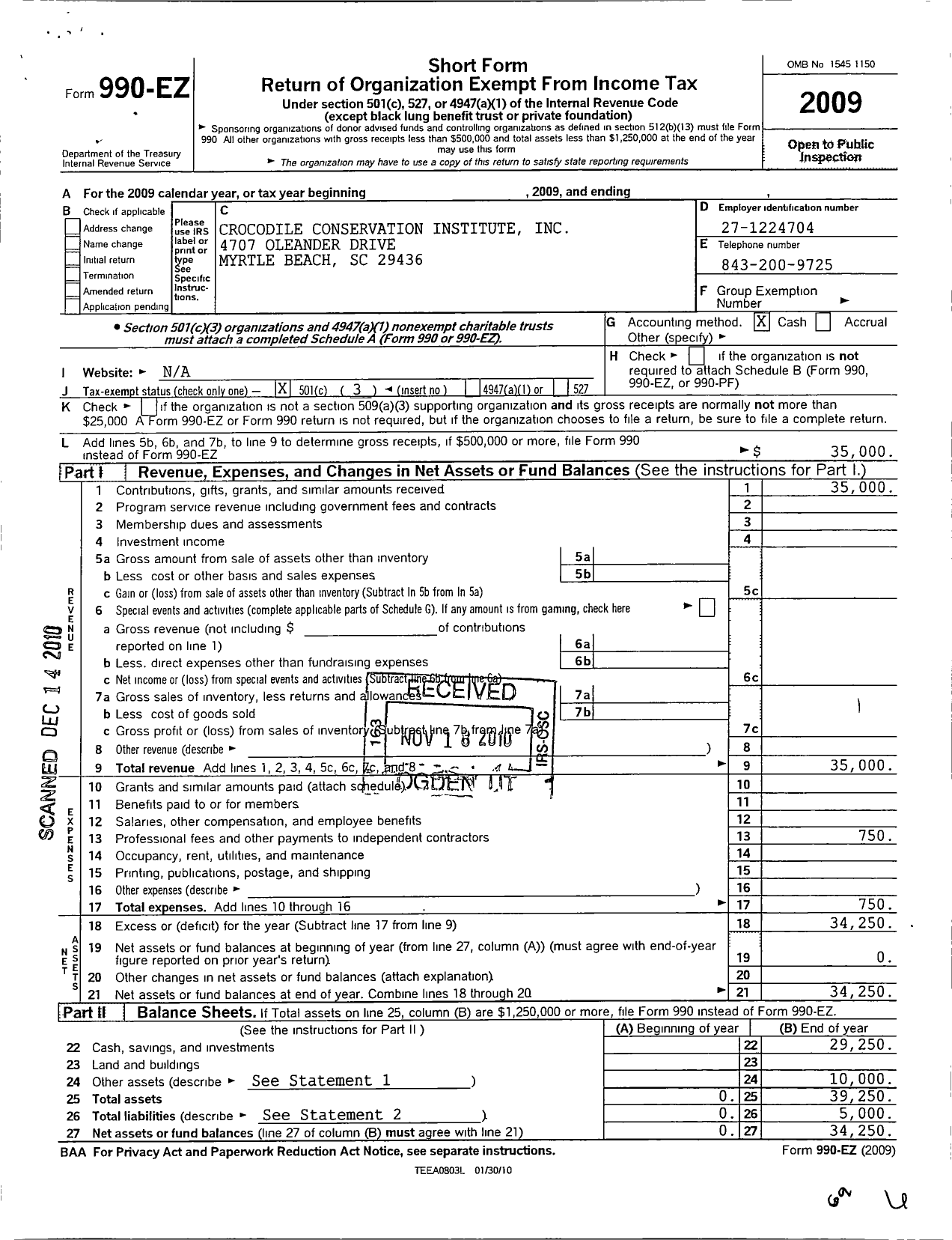 Image of first page of 2009 Form 990EZ for Crocodile Conservation Institute