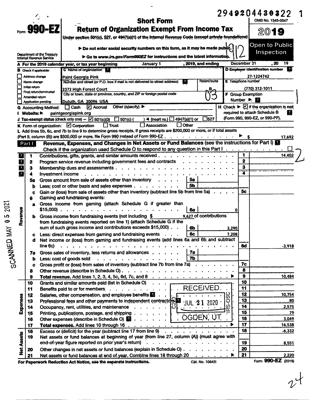 Image of first page of 2019 Form 990EZ for Paint Georgia Pink