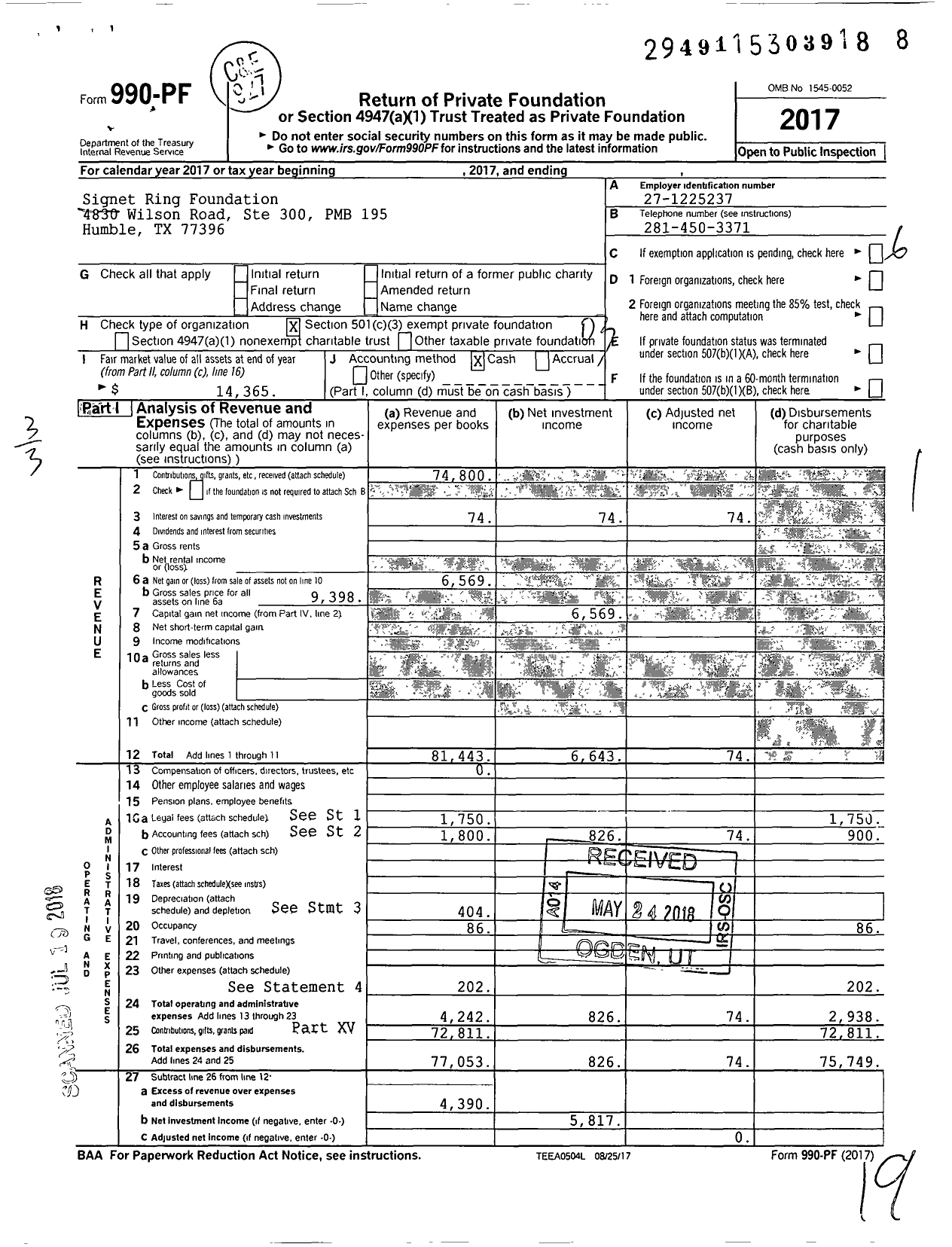 Image of first page of 2017 Form 990PF for Signet Ring Foundation