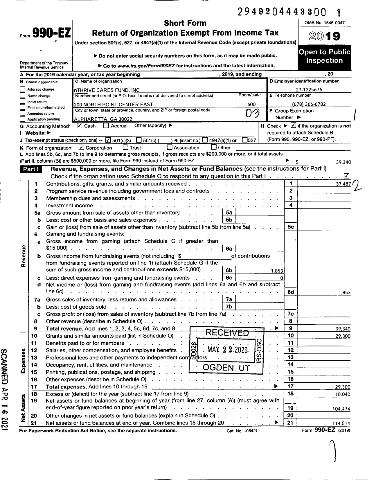 Image of first page of 2019 Form 990EZ for nTHRIVE CARES FUND