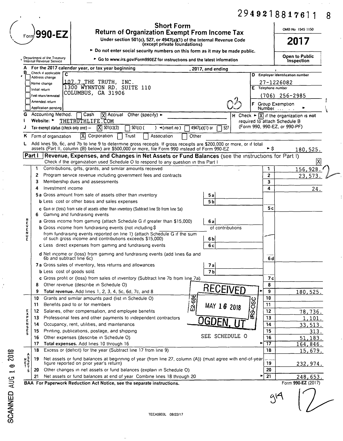 Image of first page of 2017 Form 990EZ for 885 The Truth