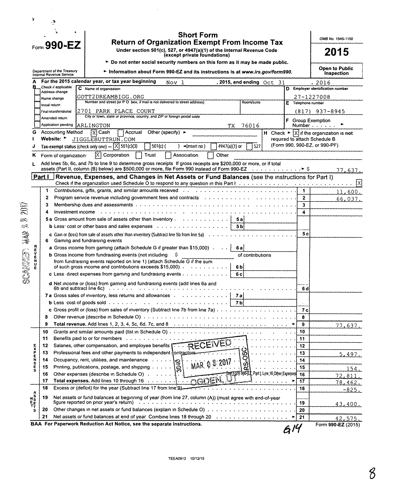 Image of first page of 2015 Form 990EZ for Got2dreambiggorg