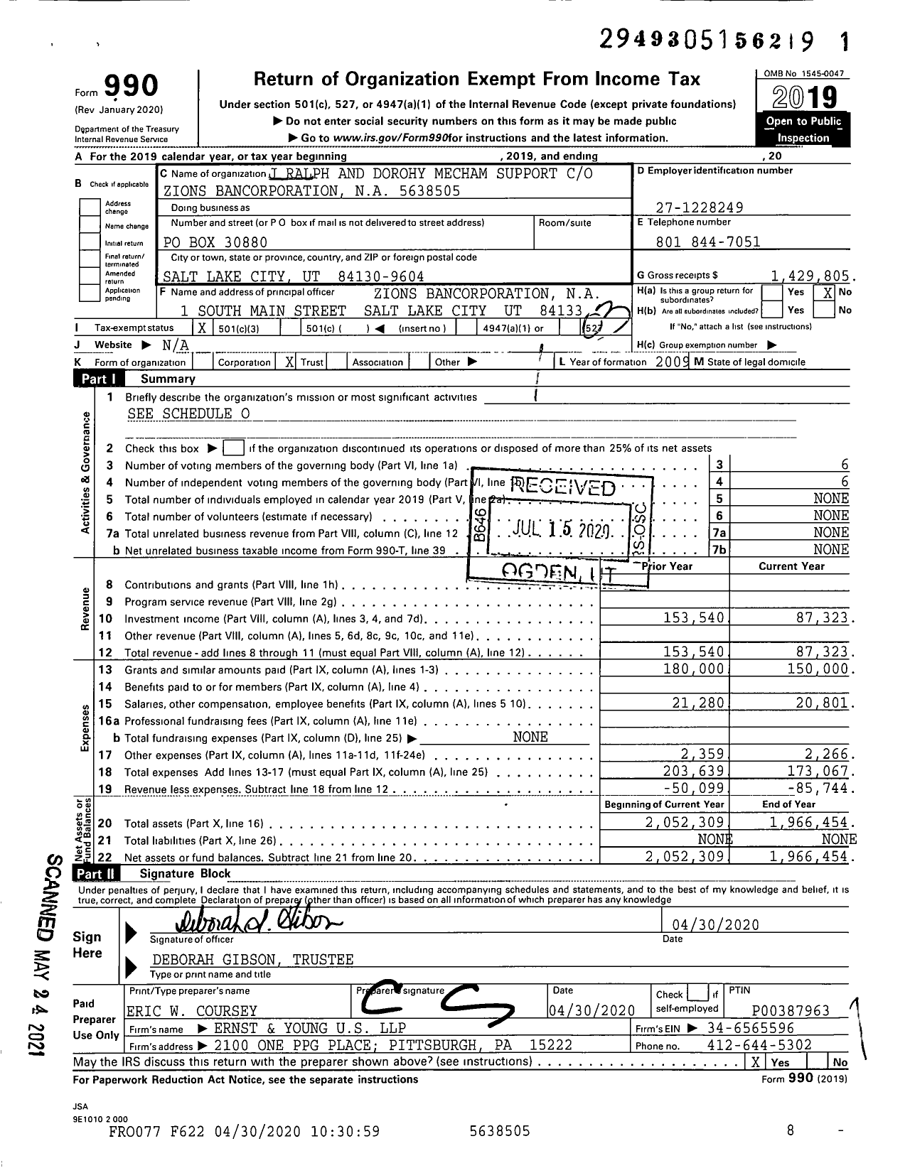 Image of first page of 2019 Form 990 for J Ralph and Dorohy Mecham Support