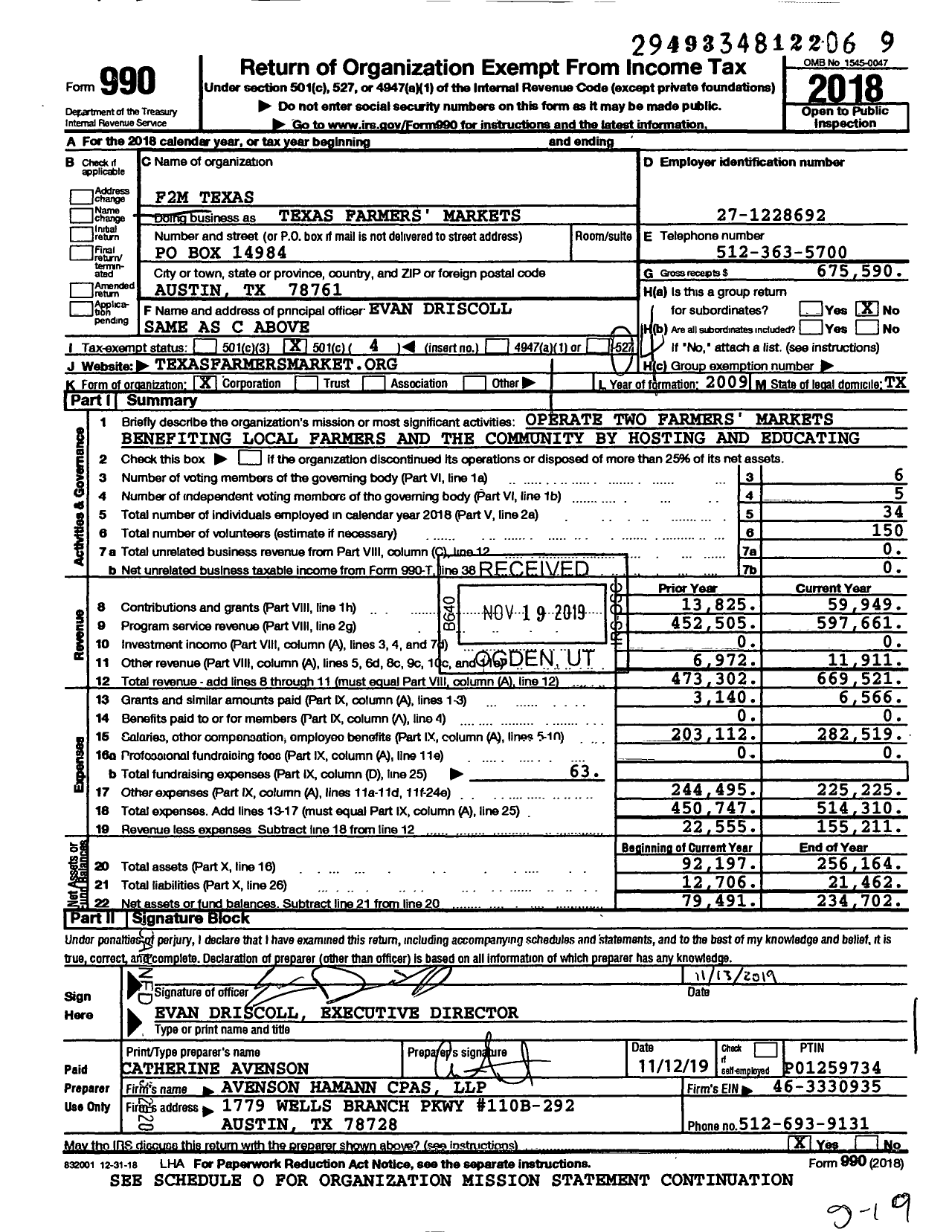 Image of first page of 2018 Form 990O for Texas Farmers' Markets