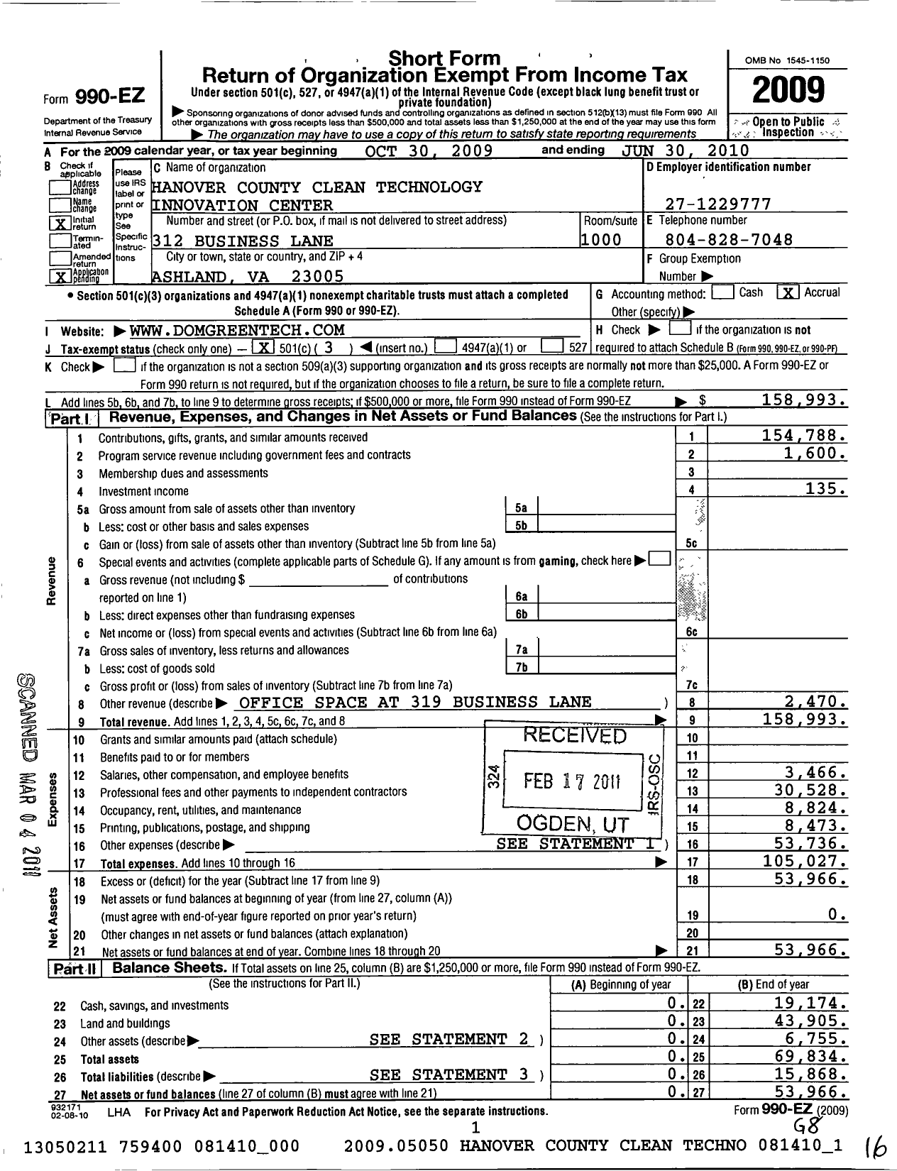 Image of first page of 2009 Form 990EZ for Dominion Energy Innovation Center