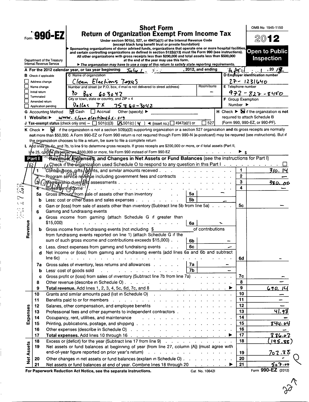 Image of first page of 2012 Form 990EO for Clean Elections Texas