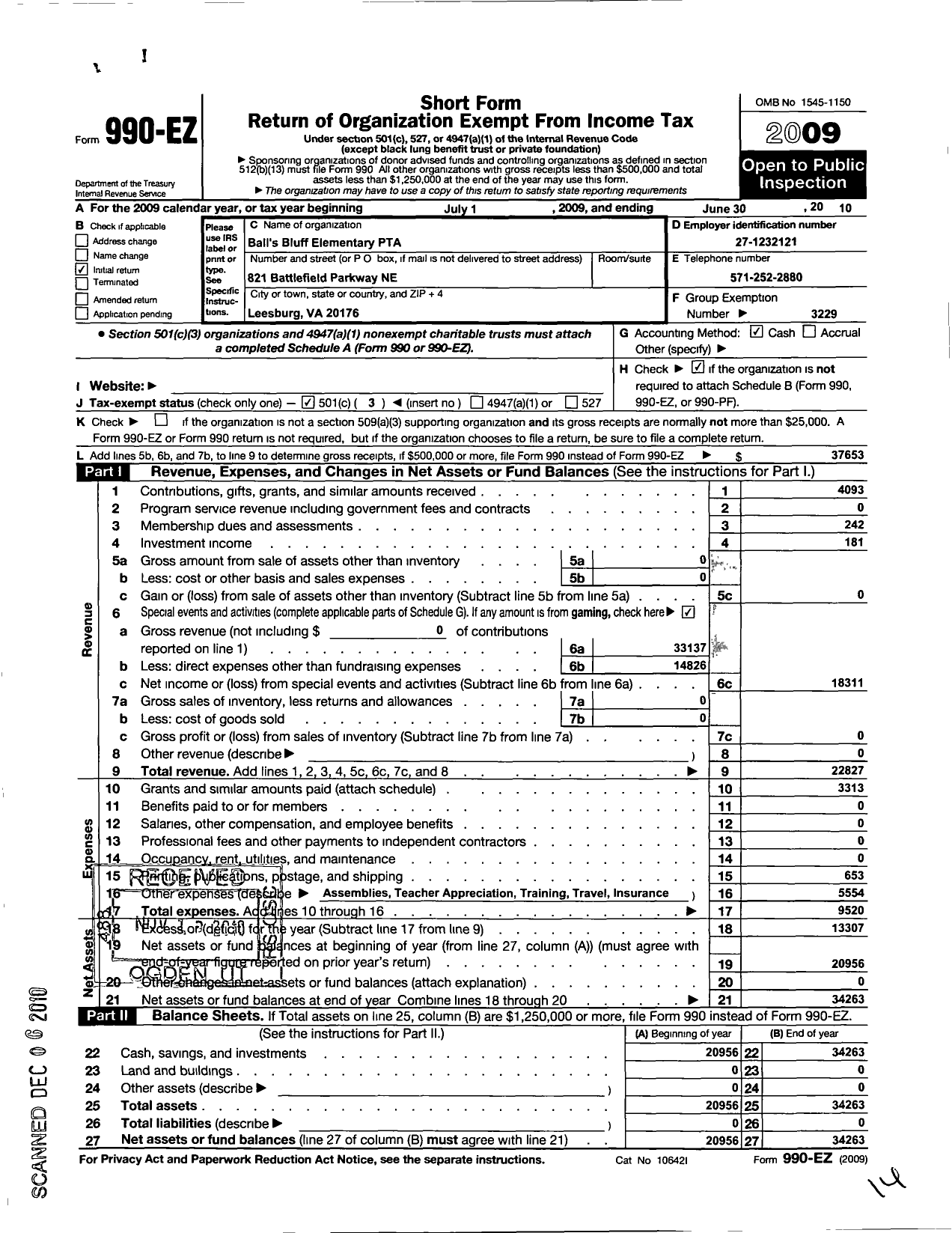 Image of first page of 2009 Form 990EZ for Virginia PTA - Balls Bluff Elementary School PTA