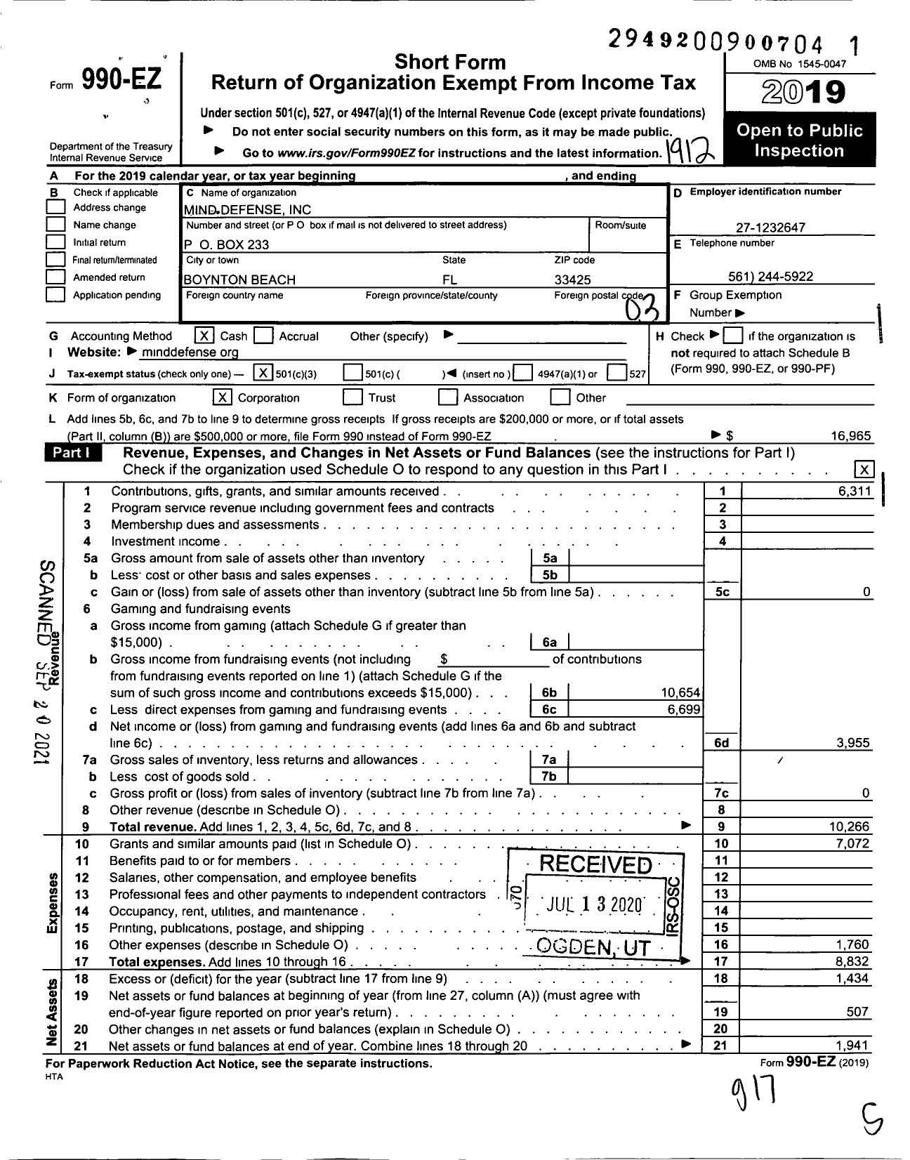 Image of first page of 2019 Form 990EZ for Mind Defense