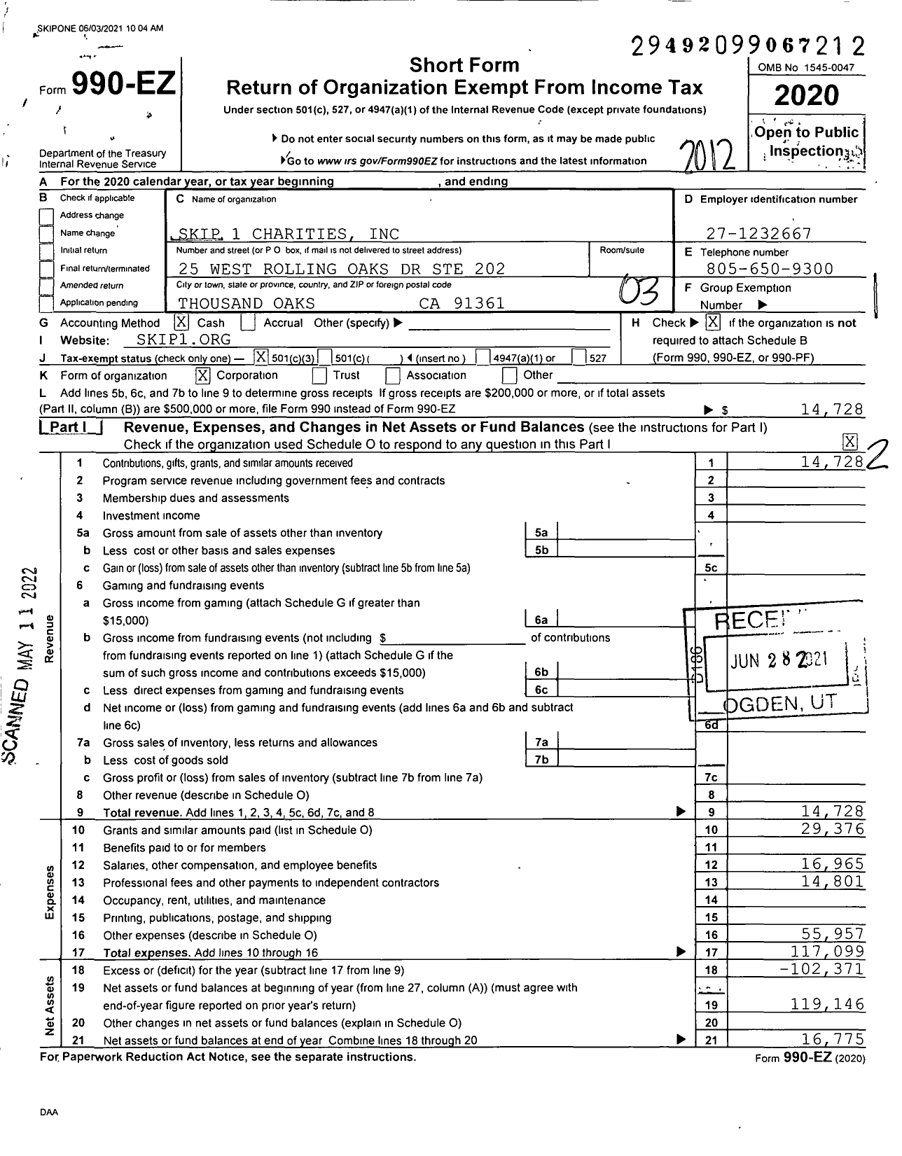 Image of first page of 2020 Form 990EZ for Skip 1 Charities