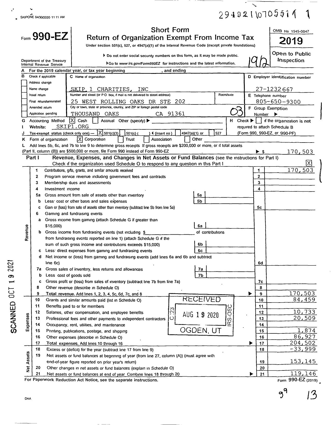 Image of first page of 2019 Form 990EZ for Skip 1 Charities