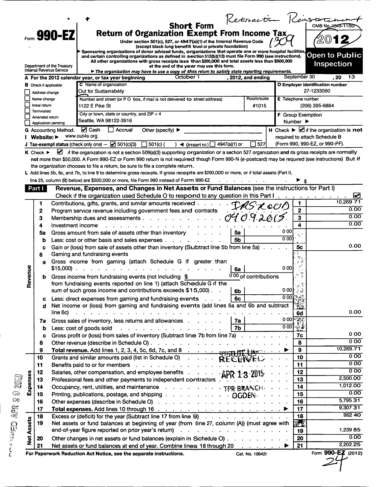 Image of first page of 2012 Form 990EZ for Out for Sustainability