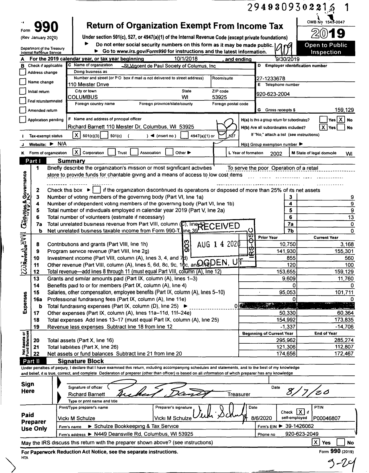 Image of first page of 2018 Form 990 for St Vincent de Paul Society of Columus