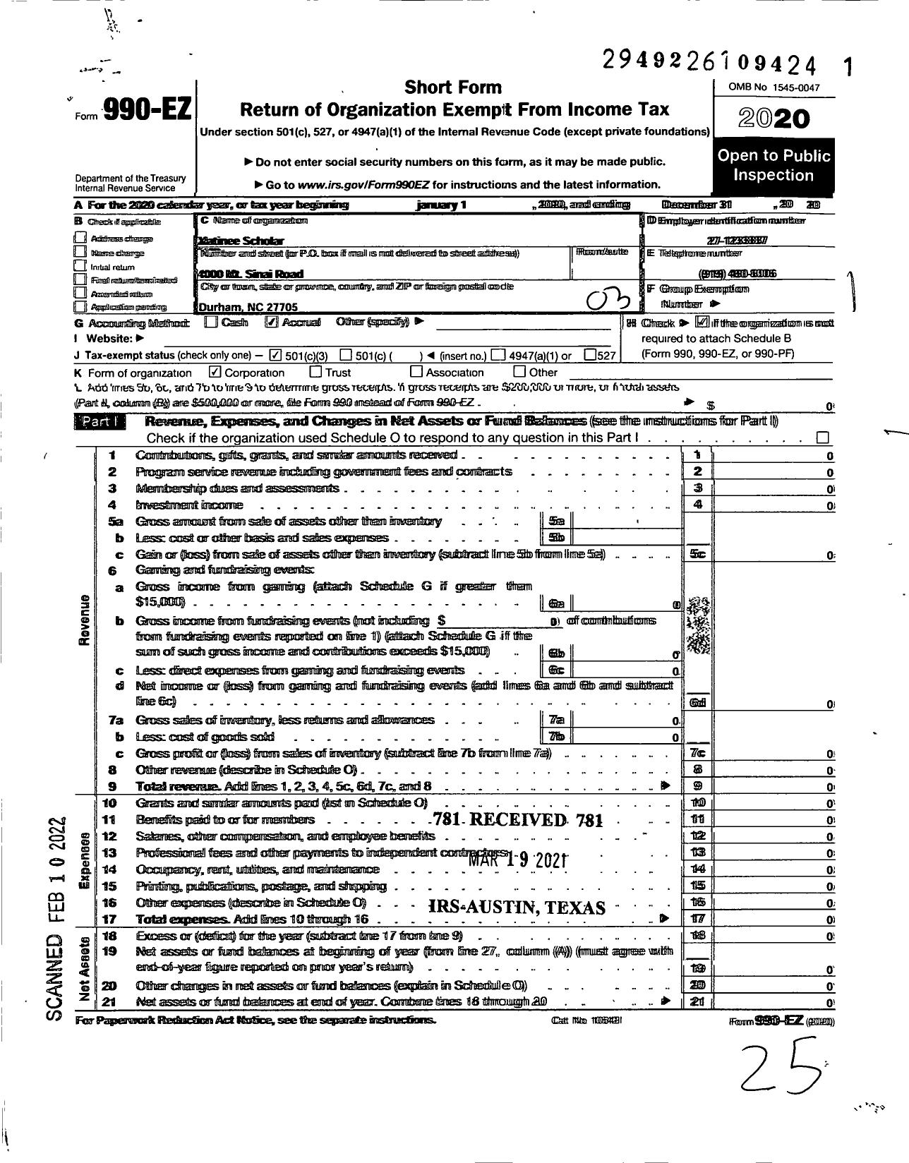 Image of first page of 2020 Form 990EZ for Matinee Scholars