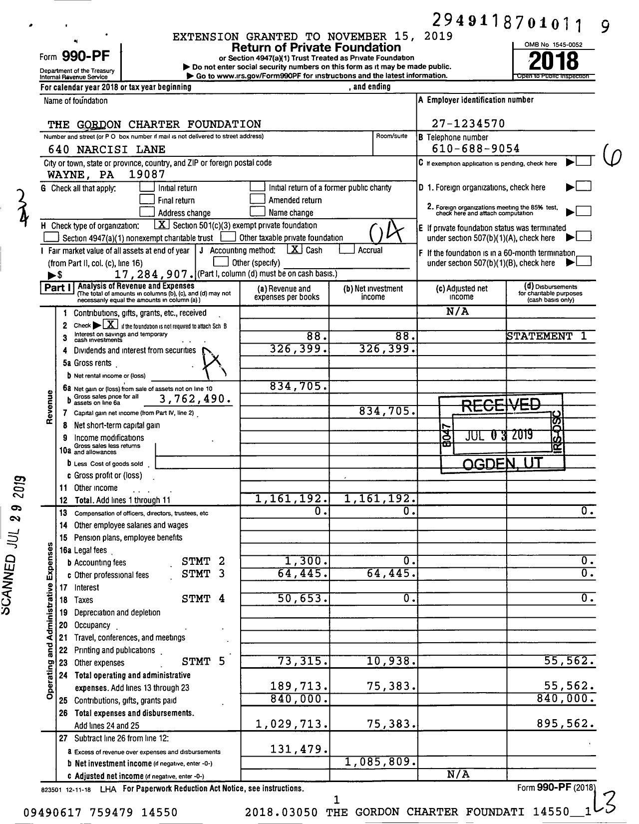 Image of first page of 2018 Form 990PF for The Gordon Charter Foundation