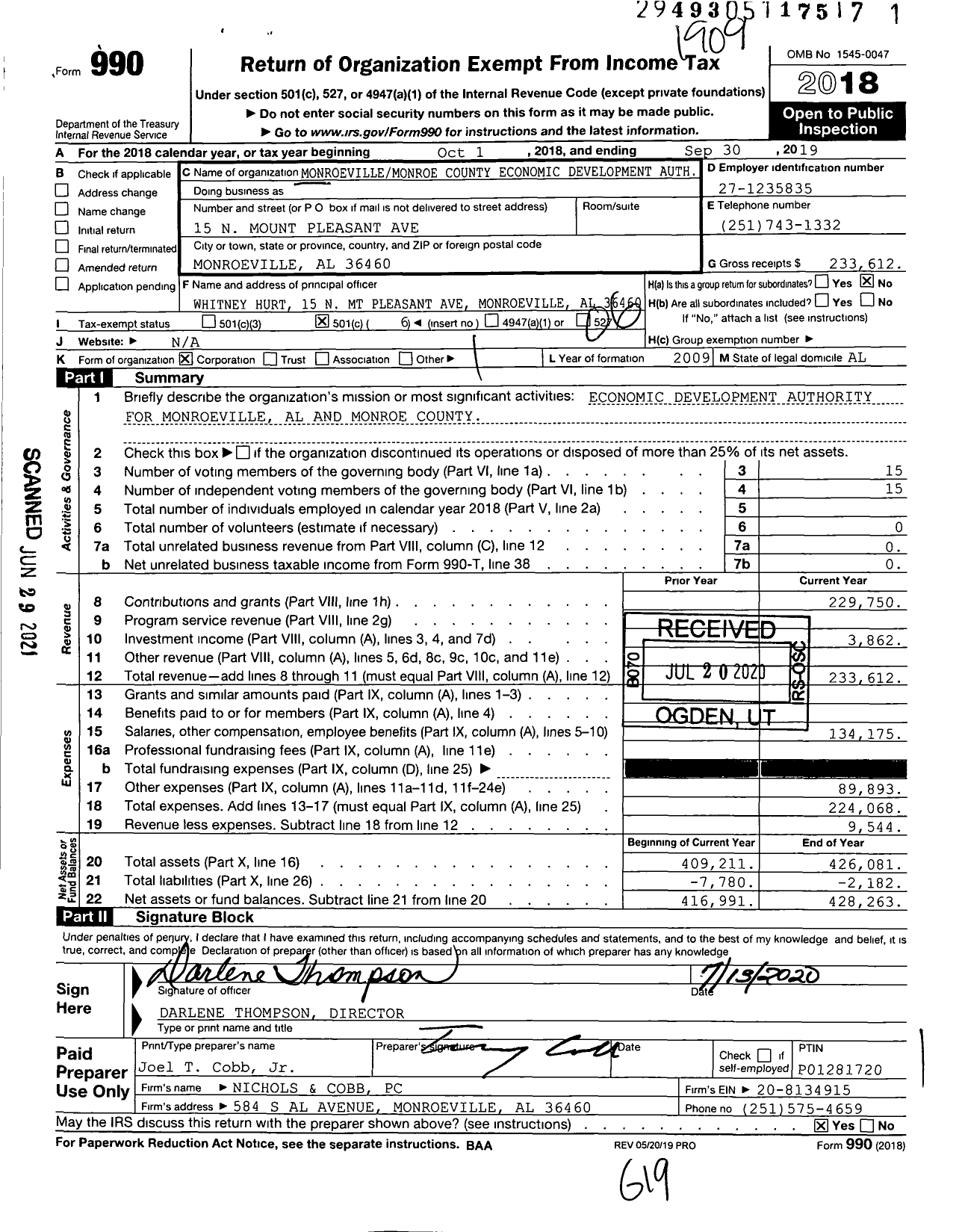 Image of first page of 2018 Form 990O for Monroevillemonroe County Economic Development Authority