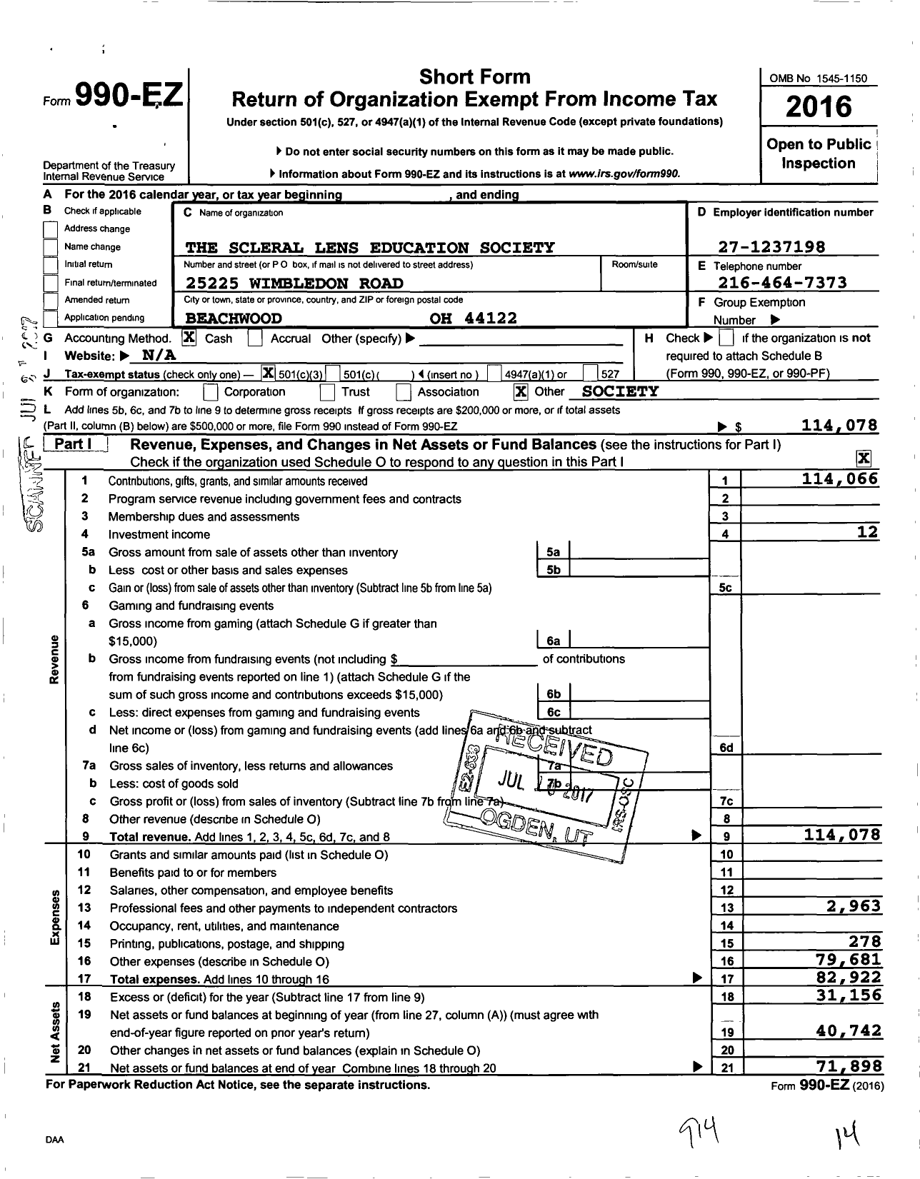 Image of first page of 2016 Form 990EZ for The Scleral Lens Education Society