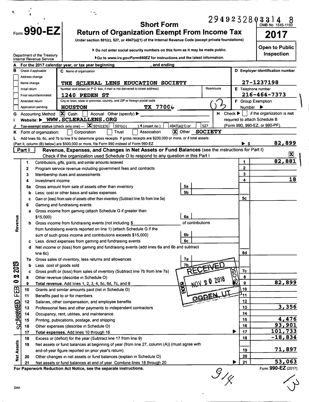 Image of first page of 2017 Form 990EZ for The Scleral Lens Education Society