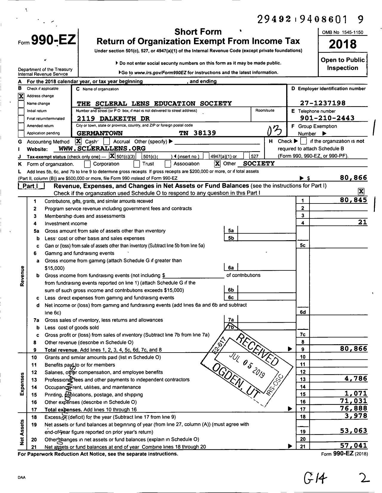 Image of first page of 2018 Form 990EZ for The Scleral Lens Education Society