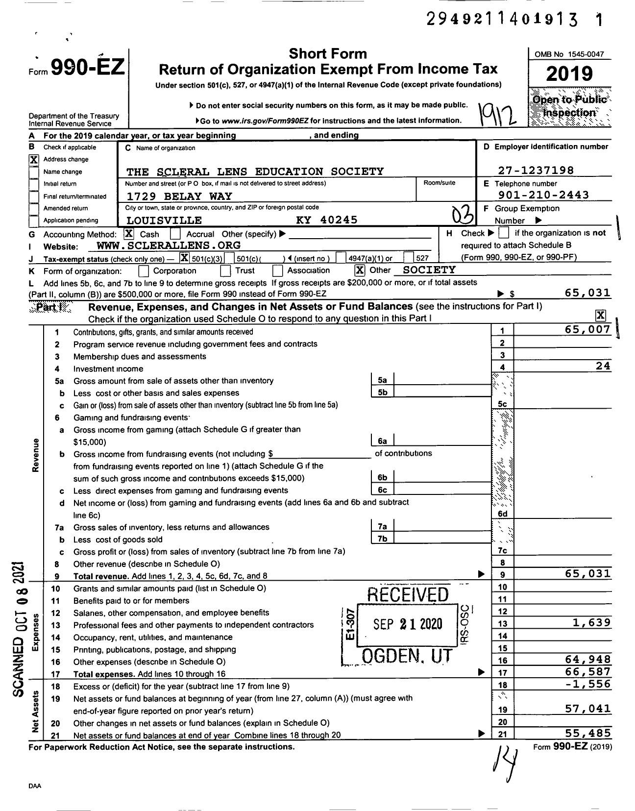 Image of first page of 2019 Form 990EZ for The Scleral Lens Education Society