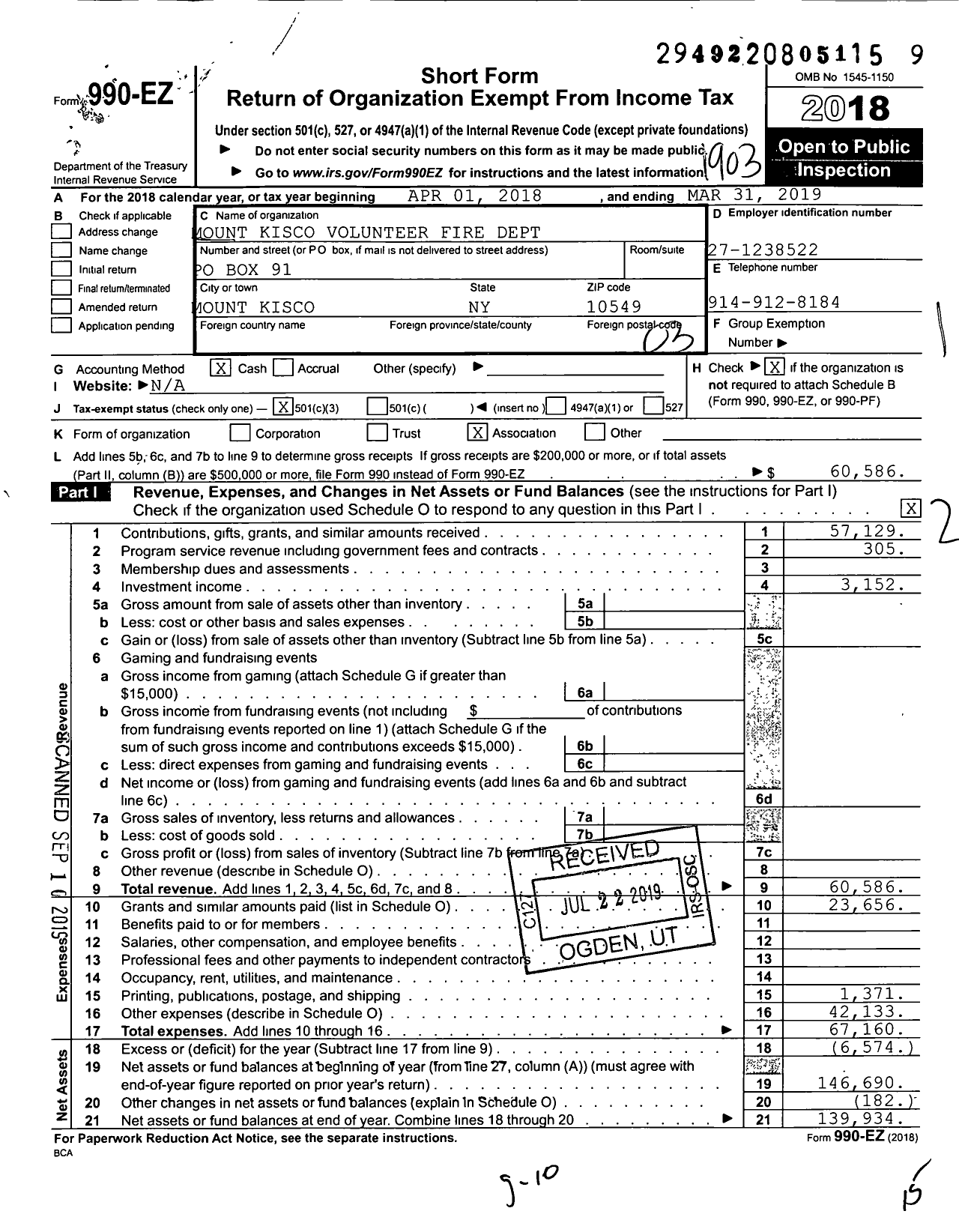 Image of first page of 2018 Form 990EZ for Mount Kisco Volunteer Fire Dept