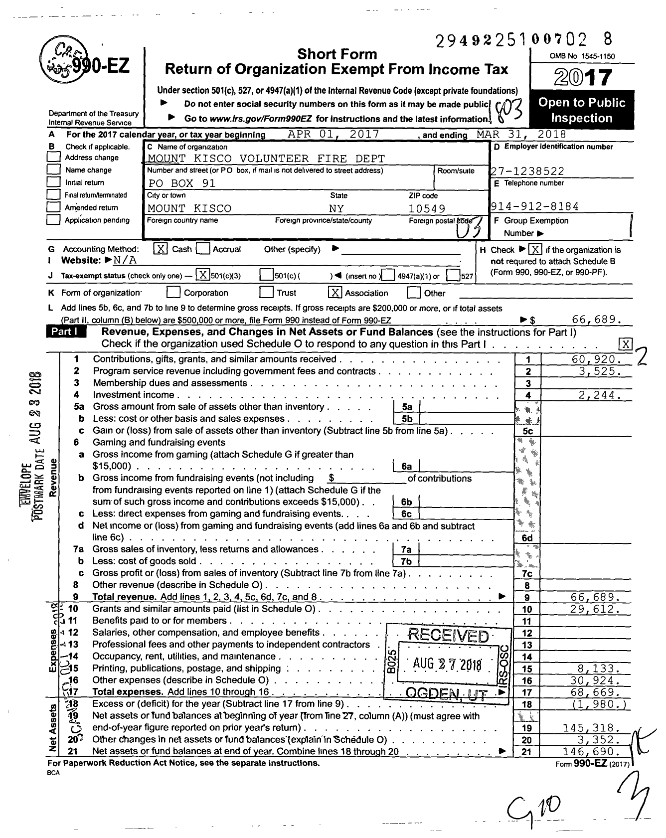 Image of first page of 2017 Form 990EZ for Mount Kisco Volunteer Fire Dept