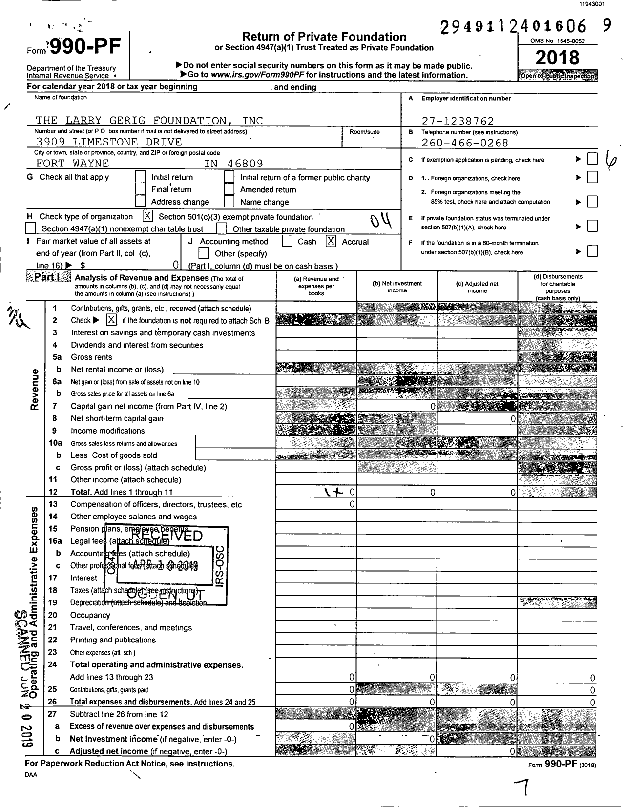 Image of first page of 2018 Form 990PF for The Larry Gerig Foundation