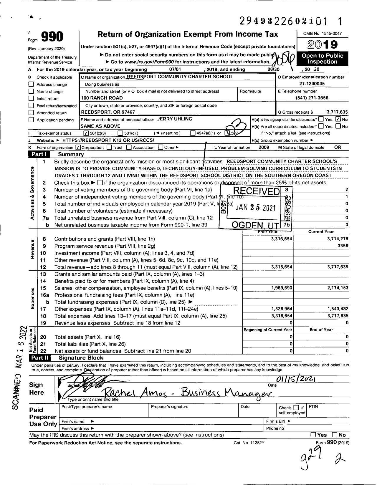 Image of first page of 2019 Form 990 for Reedsport Community Charter School