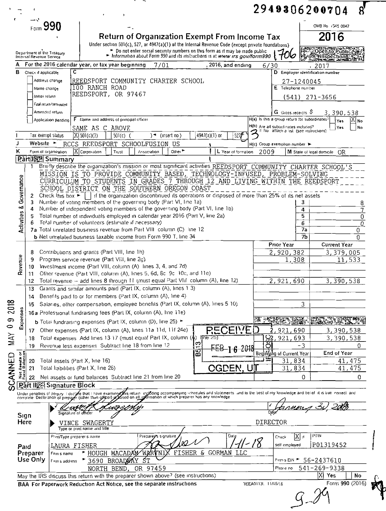 Image of first page of 2016 Form 990 for Reedsport Community Charter School