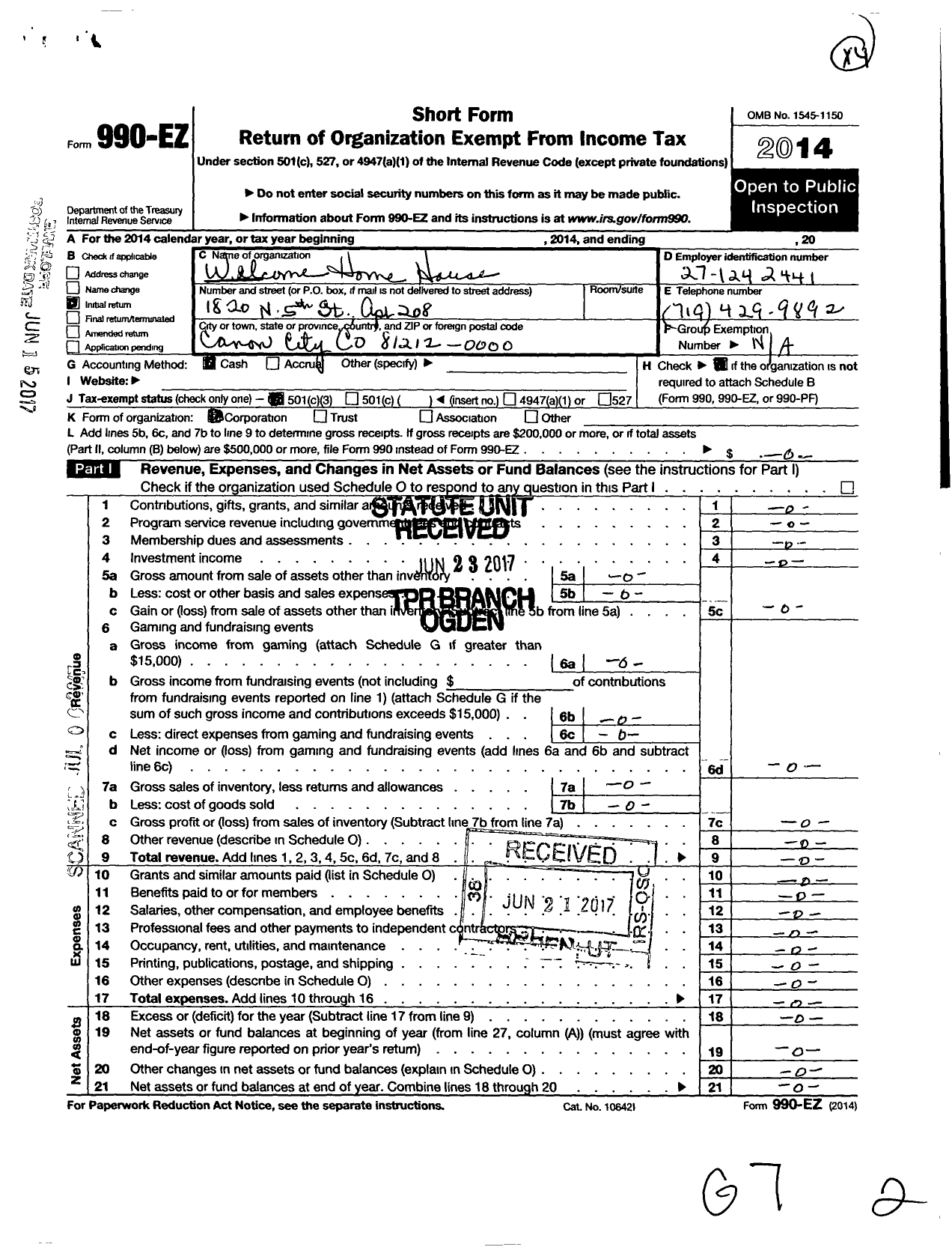 Image of first page of 2014 Form 990EZ for Welcome Home House