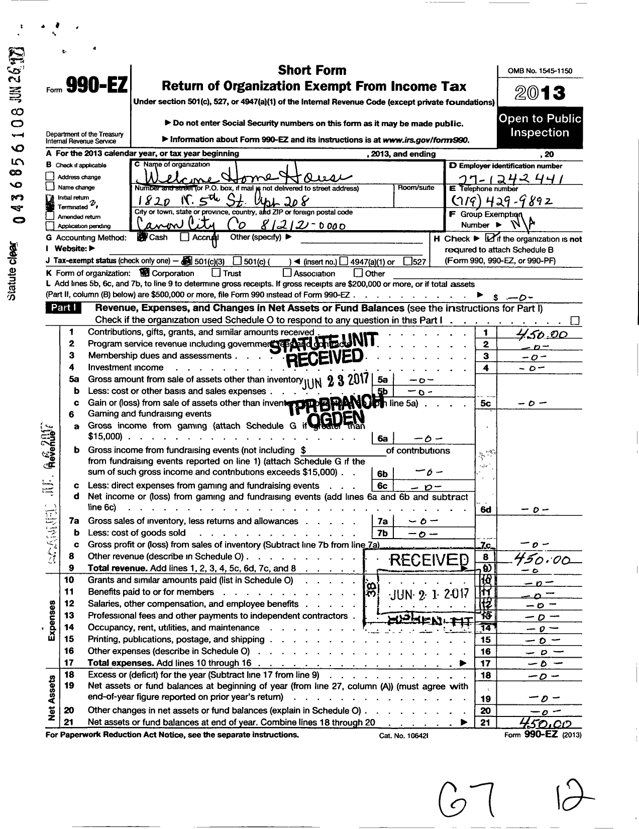 Image of first page of 2013 Form 990EZ for Welcome Home House