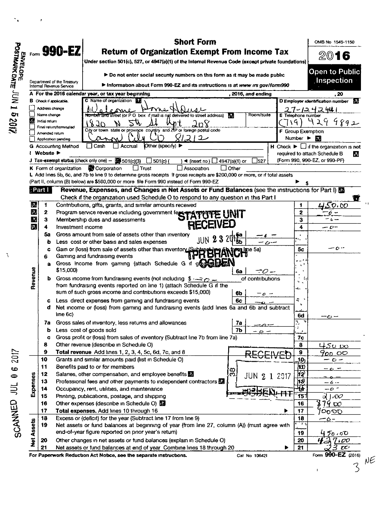 Image of first page of 2016 Form 990EZ for Welcome Home House