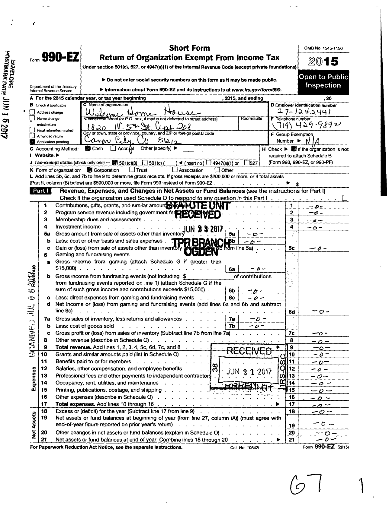 Image of first page of 2015 Form 990EZ for Welcome Home House