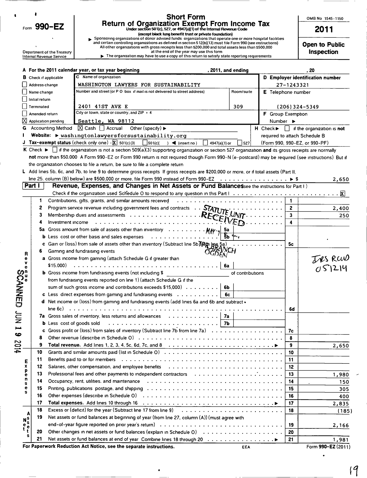 Image of first page of 2011 Form 990EZ for Washington Lawyers for Sustainability