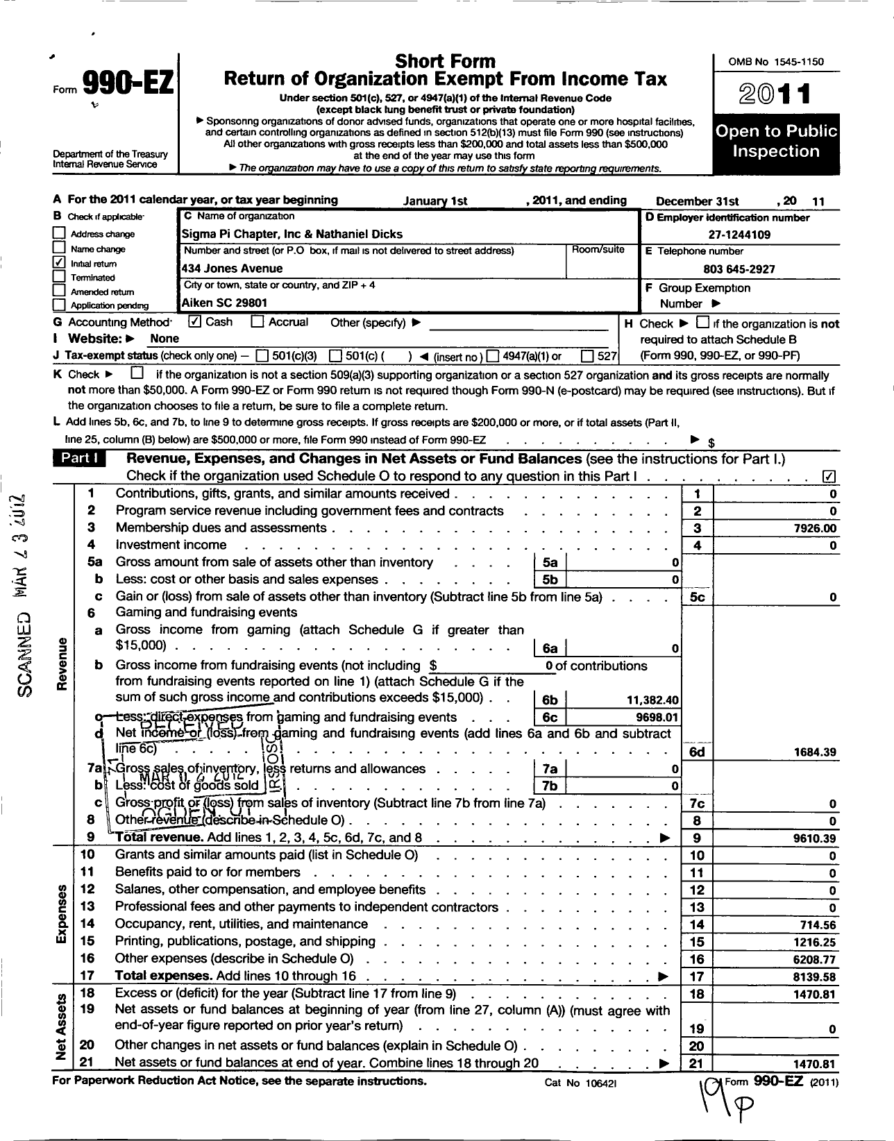 Image of first page of 2011 Form 990EO for Sigma Pi Chapter Omega Psi Phi Fraternity