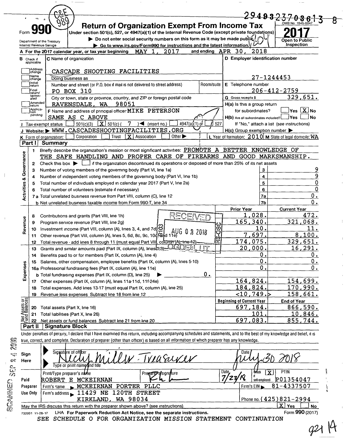 Image of first page of 2017 Form 990O for Cascade Shooting Facilities