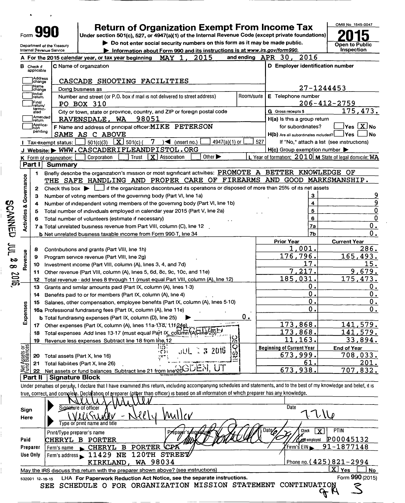 Image of first page of 2015 Form 990O for Cascade Shooting Facilities