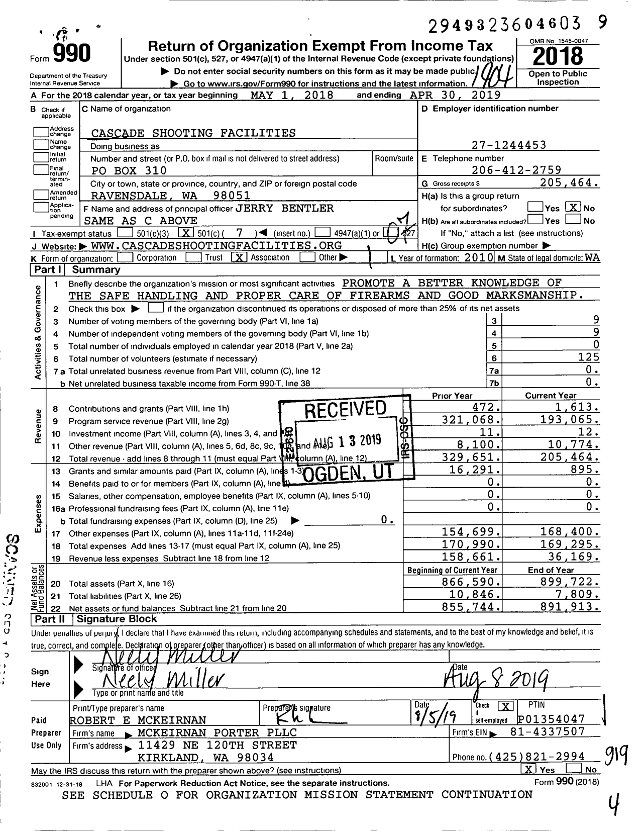 Image of first page of 2018 Form 990O for Cascade Shooting Facilities