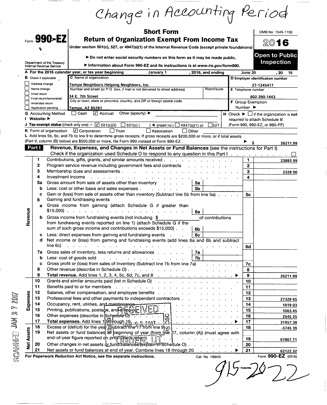 Image of first page of 2015 Form 990EZ for Tempe Neighbors Helping Neighbors