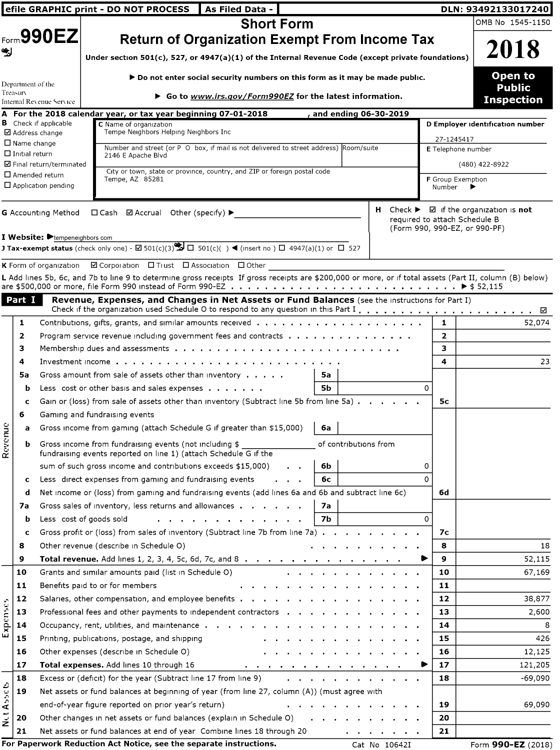 Image of first page of 2018 Form 990EZ for Tempe Neighbors Helping Neighbors