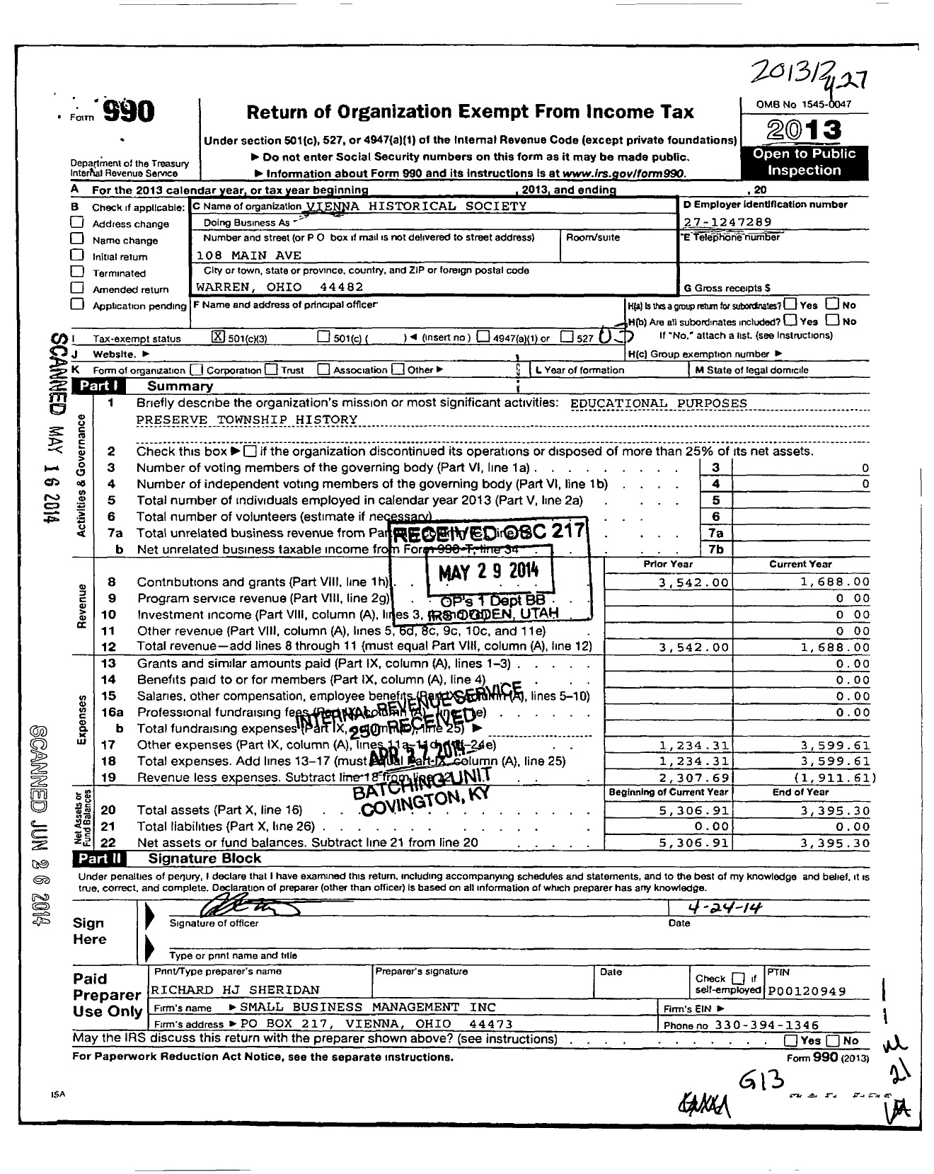 Image of first page of 2013 Form 990 for Vienna Historical Society