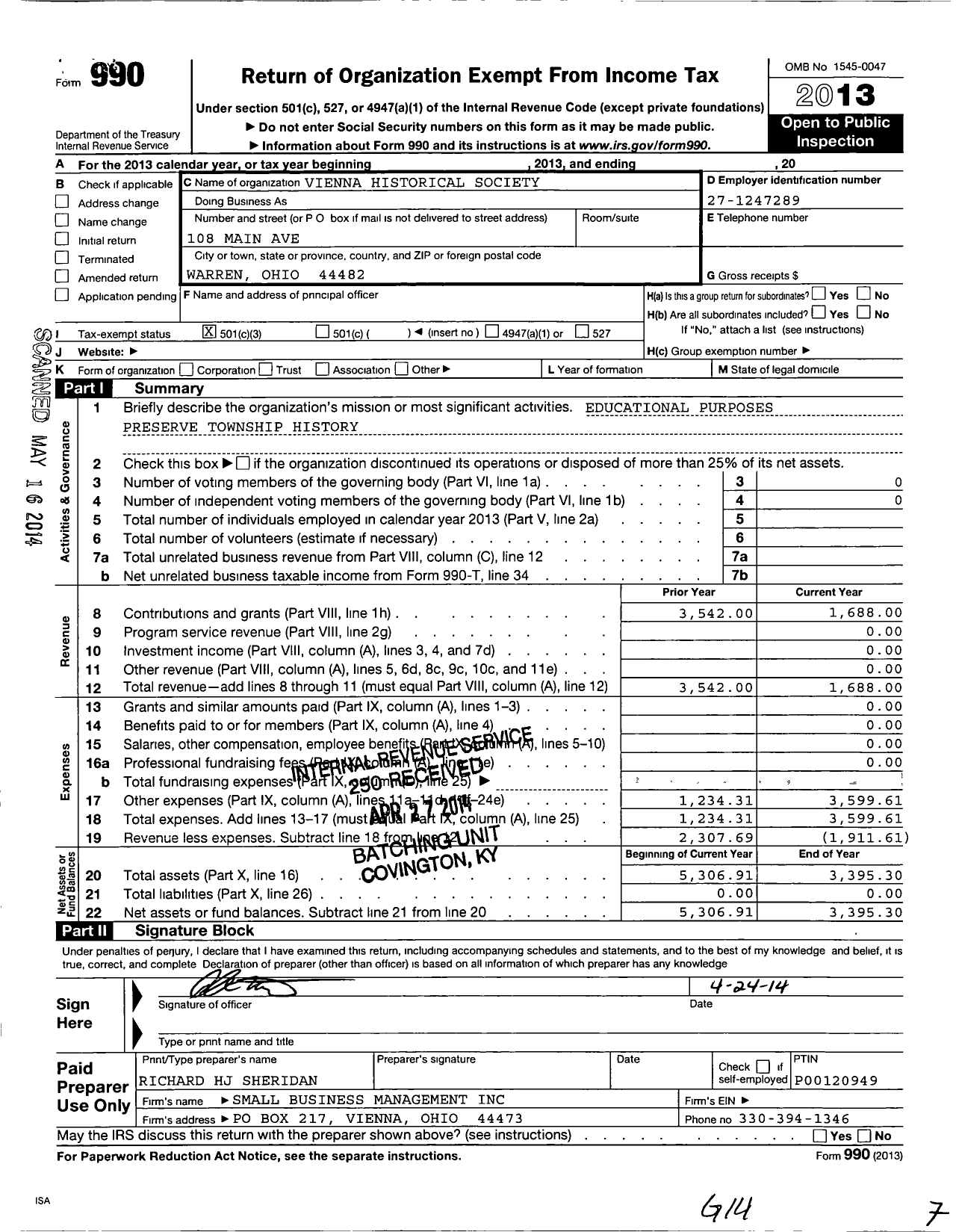 Image of first page of 2013 Form 990 for Vienna Historical Society