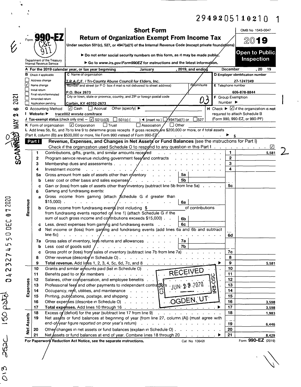 Image of first page of 2019 Form 990EZ for Tri-County Prevention of Vulnerable Adults Abuse Council