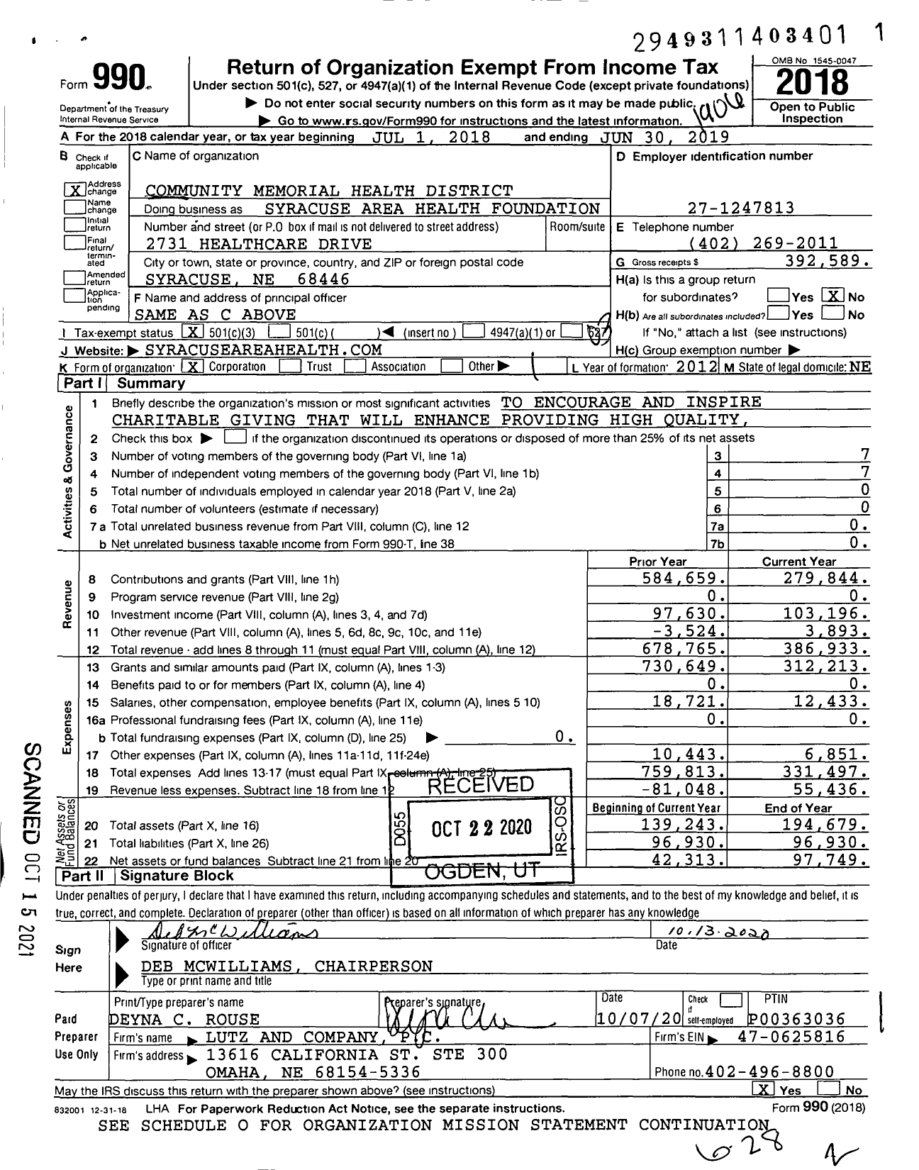 Image of first page of 2018 Form 990 for Syracuse Area Health Foundation