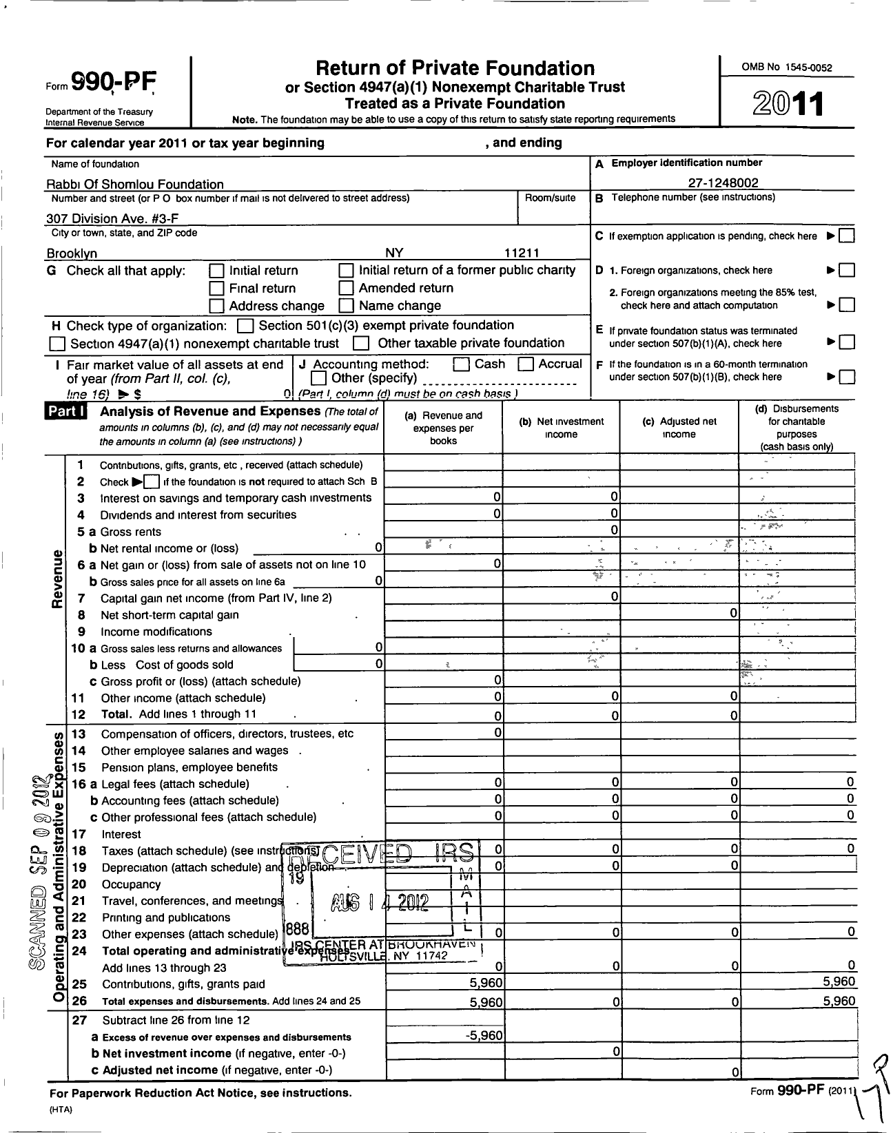 Image of first page of 2011 Form 990PF for Rabbi Of Shomlou Foundation