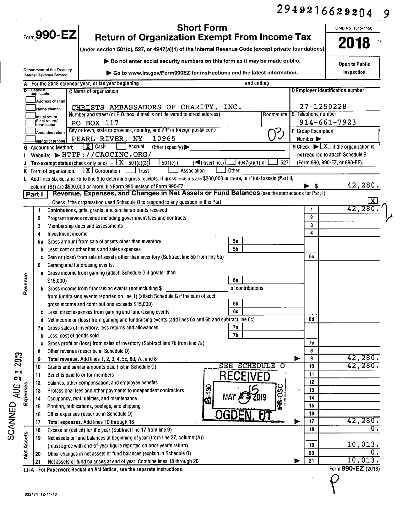 Image of first page of 2018 Form 990EZ for Christs Ambassadors of Charity