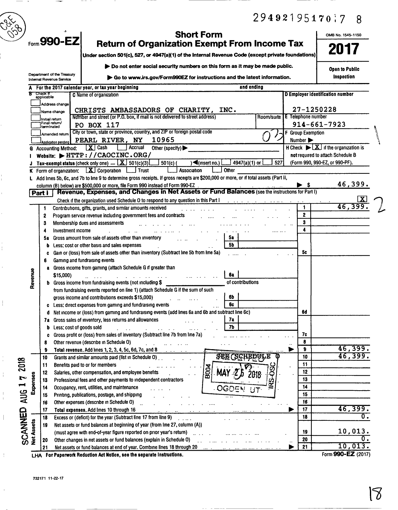 Image of first page of 2017 Form 990EZ for Christs Ambassadors of Charity