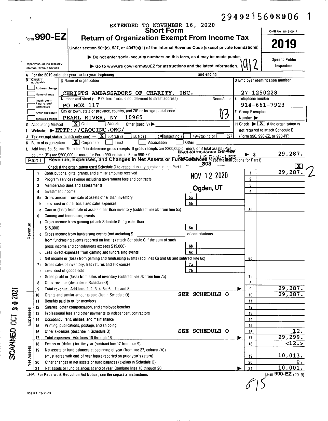 Image of first page of 2019 Form 990EZ for Christs Ambassadors of Charity