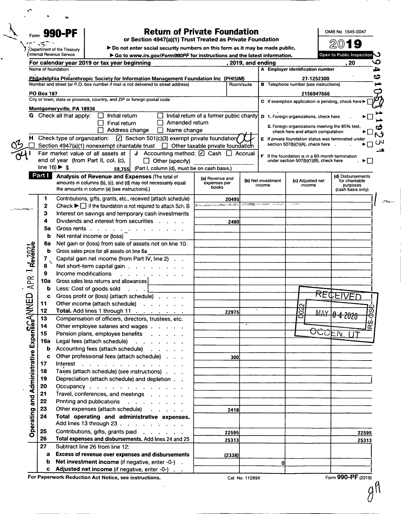 Image of first page of 2019 Form 990PF for Philadelphia Philanthropic Society of Information Management