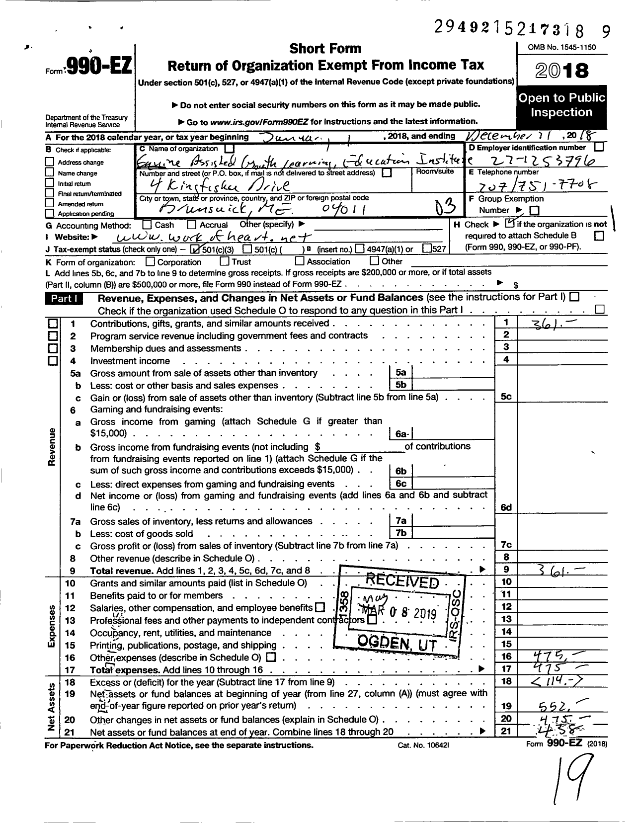 Image of first page of 2018 Form 990EZ for Equine Assisted Growth Learning and Education Institute